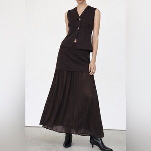 Zara Chocolate Brown Layered Waist Chiffon Maxi Skirt Minimalist Flowy Medium